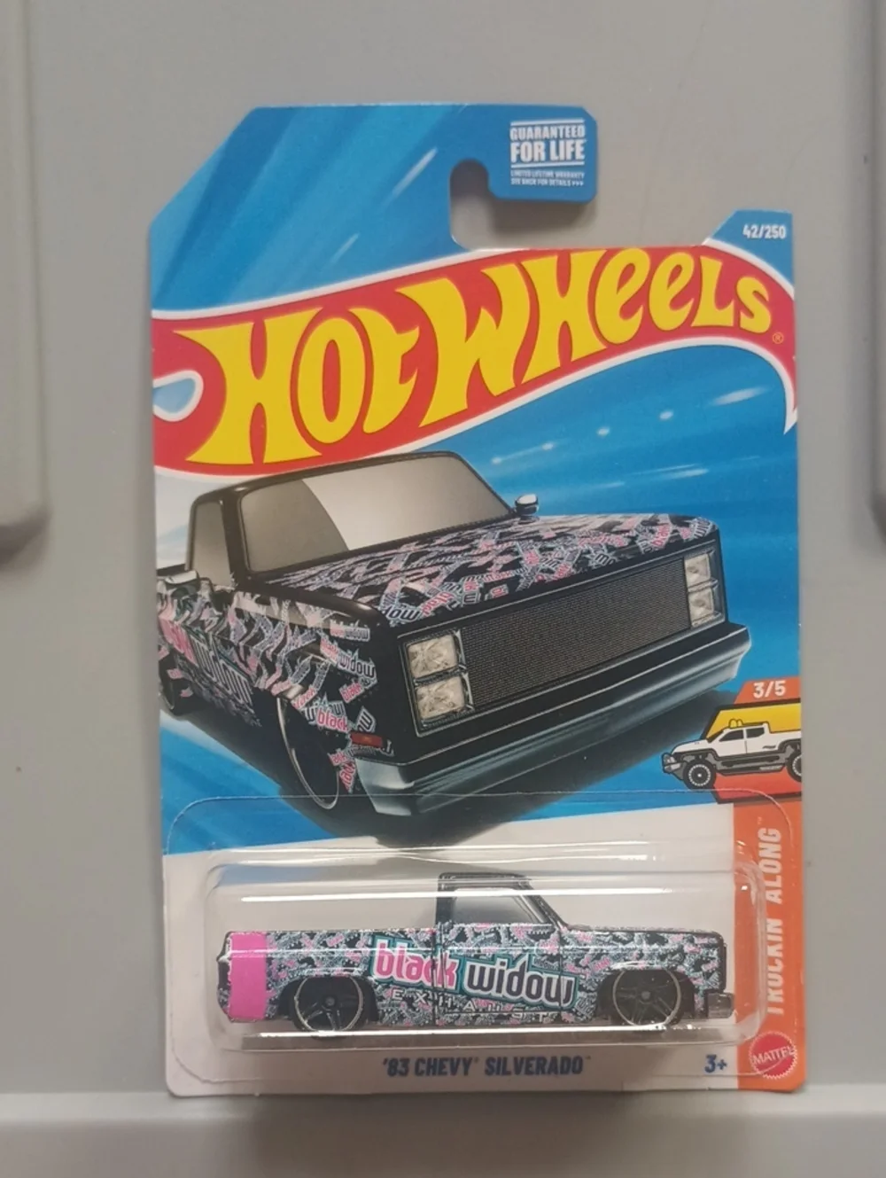 Mattel Hot Wheels '83 Chevy Silverado - Black, Pink & White Black Widow Graphic